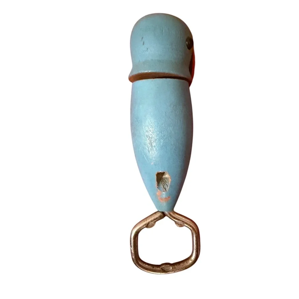 Vtg 60 Wooden Parrot Corkscrew Bottle Kitschy Opener Blue Painted Bird Bar Tool